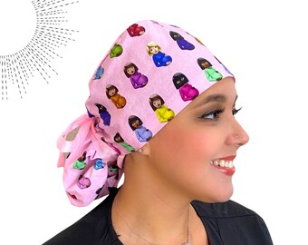 Ponytail Labor and Delivery Scrub Caps for Women, Pregnant Emoji Pink Scrub Cap, Satin Lining Optional, Surgical Nurse Hat for Long Hair