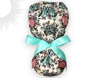 Gorro quirúrgico con diseño floral y coleta para cabello largo, forro de satén opcional. Gorro médico de enfermera 100% algodón para mujer, gorro quirúrgico con coleta.