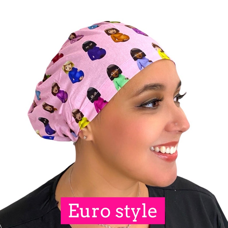 May include: A pink surgical scrub cap with a repeating pattern of cartoon pregnant women in various outfits. The cap is worn by a person. The text "Euro style" is in a pink rectangle at the bottom.