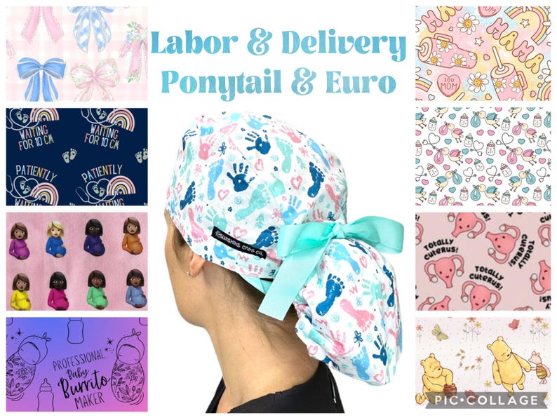 Puede incluir: Un gorro quir&uacute;rgico blanco con un lazo azul claro, con un estampado de huellas de manos y pies en azul y rosa. El texto "Labor & Delivery Ponytail & Euro" es visible.
