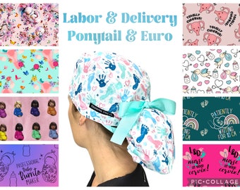 Labor and Delivery Ponytail Scrub Caps for Women, OBGYN Surgical Scrub Hat for Long Hair, Midwife, L&D Nurse, Satin Lining Optional.