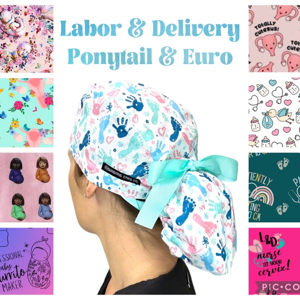 Labor and Delivery Ponytail Scrub Caps for Women, OBGYN Surgical Scrub Hat for Long Hair, Midwife, L&D Nurse, Satin Lining Optional.