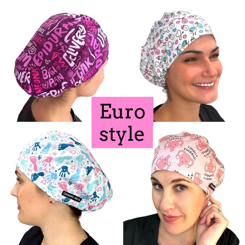 Puede incluir: Cuatro gorros de quir&oacute;fano estilo Euro con varios dise&ntilde;os. Uno es morado oscuro con texto blanco, otro es blanco con dise&ntilde;os rosas y azules, un tercero es blanco con huellas de manos azules y rosas, y el &uacute;ltimo es rosa con gr&aacute;ficos de &uacute;tero.