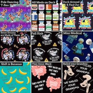 K&ouml;nnte beinhalten: Eine Collage aus neun Stoffmustern mit verschiedenen grafischen Drucken, darunter ein T-Rex an einer Stange, medizinische Ampullen, Quietscheentchen, Schlafmittel-Fl&auml;schchen, Anti-Rutsch-Socken, medizinische Figuren, Bananen, D&auml;rme und Illustrationen von H&uuml;ftprothesen.