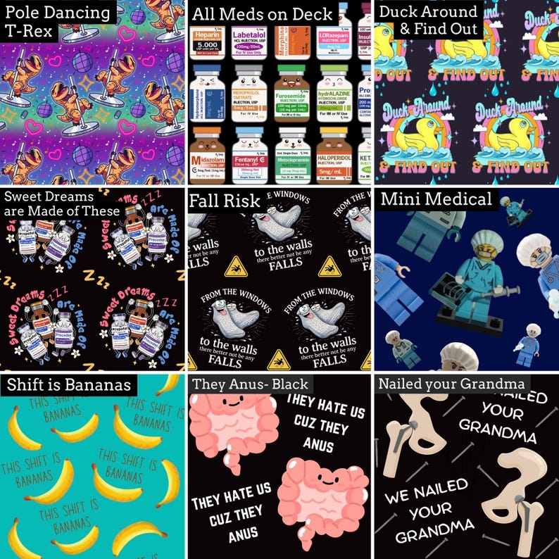 K&ouml;nnte beinhalten: Eine Collage aus neun Stoffmustern mit verschiedenen grafischen Drucken, darunter ein T-Rex an einer Stange, medizinische Ampullen, Quietscheentchen, Schlafmittel-Fl&auml;schchen, Anti-Rutsch-Socken, medizinische Figuren, Bananen, D&auml;rme und Illustrationen von H&uuml;ftprothesen.