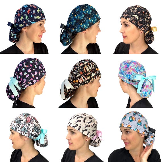 Ponytail Scrub Cap: Surgical Nurse Hat With Optional Satin  display picture 1