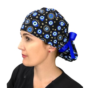 Evil Eye Black, Ophthalmology Ponytail Scrub Caps for Long Hair, Optional Satin Lining. Eyes Ponytail Surgical Scrub Hat for Women.