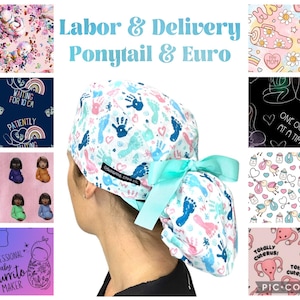 Labor and Delivery Ponytail Scrub Caps for Women, OBGYN Surgical Scrub Hat for Long Hair, Midwife, L&D Nurse, Satin Lining Optional.