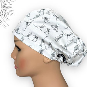 Euro Yoga Skeletons Scrub Cap, Optional Satin Lining, Yoga Skeleton Anatomy Surgical Scrub Hat for Women, European Scrub Cap with Cordlock.
