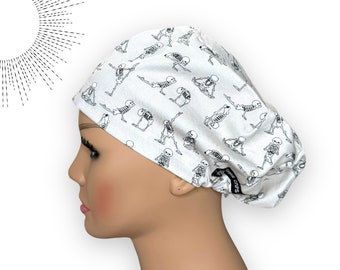 Euro yogaskeletten scrubmuts, optionele satijnen voering, yogaskelet anatomie chirurgische scrubmuts voor dames, Europese scrubmuts met koord.