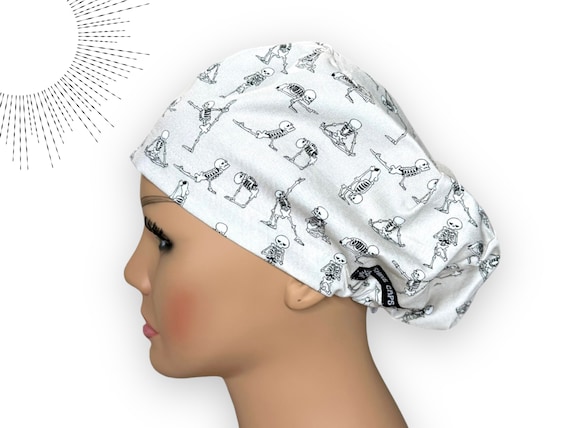 Euro Yoga Skeletons Scrub Cap, Optional Satin Lining, Yoga Skeleton Anatomy Surgical Scrub Hat for Women, European Scrub Cap with Cordlock.
