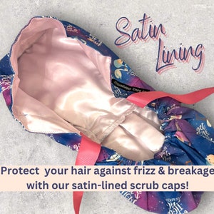 May include: A blue and purple scrub cap with a satin lining. The cap has a print of stars, moons, and the text "Sunshine Scrub Caps". The text "Protect your hair against frizz & breakage with our satin-lined scrub caps!" is visible at the bottom of the image.