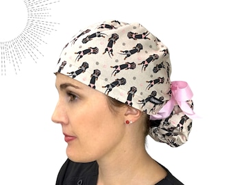 Dachshund Ponytail Scrub Cap: Weenies in Bikinis, Optional Satin Lining