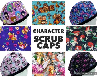 Surgical Scrub Caps Character Designs. Buttons & Satin Lining Optional. 100% Cotton. Best Medical Nurse Hats. Unisex Scrub Caps