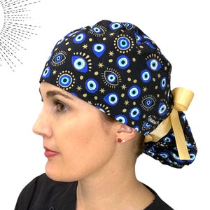 Evil Eye Black, bonnets ophtalmologiques pour queue de cheval pour cheveux longs, doublure en satin en option. Bonnet chirurgical queue de cheval Eyes pour femme.