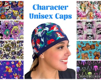 Surgical Scrub Caps Character Designs. Buttons & Satin Lining Optional. 100% Cotton. Best Medical Nurse Hats. Unisex Scrub Caps