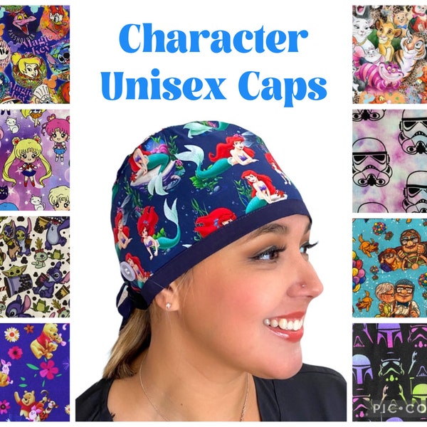 Surgical Scrub Caps Character Designs. Buttons & Satin Lining Optional. 100% Cotton. Best Medical Nurse Hats. Unisex Scrub Caps