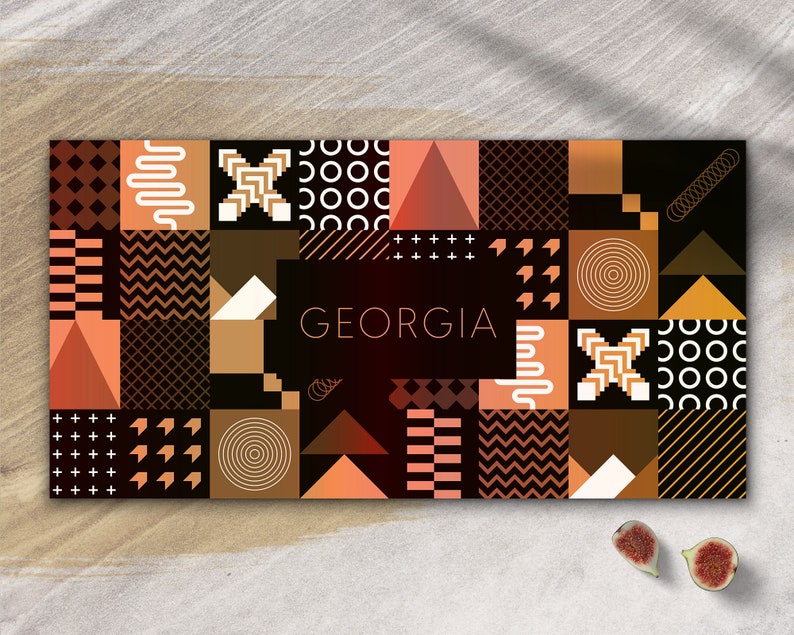 May include: Abstract geometric pattern design in shades of brown, orange, and white with the word "GEORGIA" in white text.
