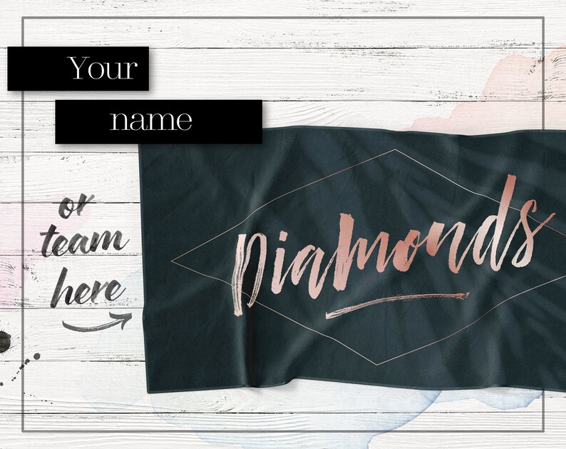 May include: A dark green beach towel with a diamond shape in the center. The word "Diamonds" is written in rose gold inside the diamond.