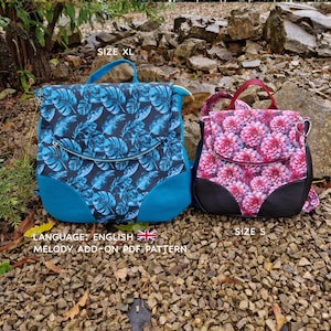 May include: Two backpacks, one size XL and one size S, displayed outdoors. The larger backpack features a blue and black leaf pattern with a turquoise base. The smaller backpack has a pink floral design with a black base. The text "MELODY ADD-ON PDF PATTERN" is visible.