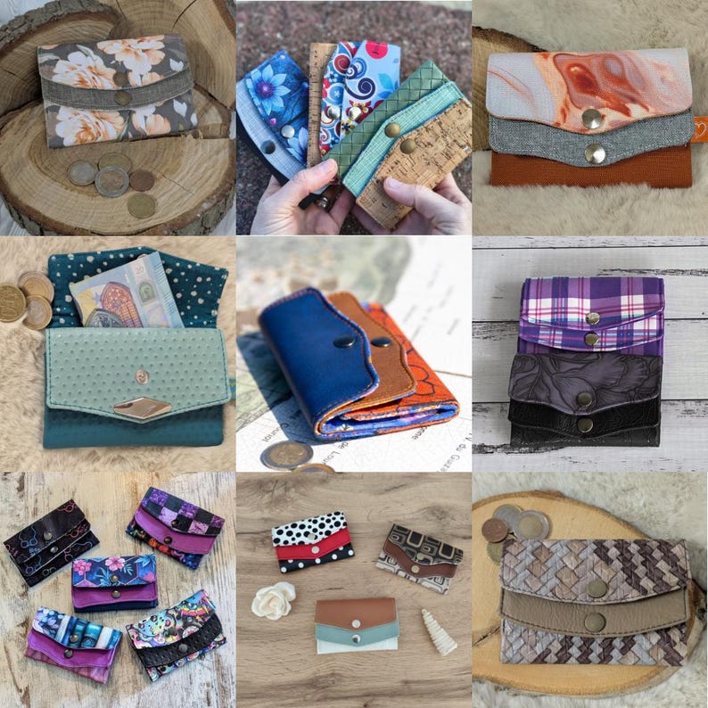 Op de afbeelding: Een verzameling handgemaakte portemonnees in diverse kleuren en patronen. De portemonnees hebben bloemen-, geometrische en abstracte ontwerpen. Sommige portemonnees zijn gemaakt van leer, kurk en stof, met drukknoopsluitingen. Gepresenteerd op een houten oppervlak.