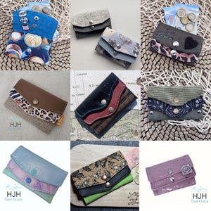 Op de afbeelding: Een verzameling handgemaakte portemonnees in verschillende kleuren en patronen. Ontwerpen omvatten koffiethema's, bloemenprints, dierenprints en stoffen met textuur. Elke portemonnee heeft een drukknoopsluiting.