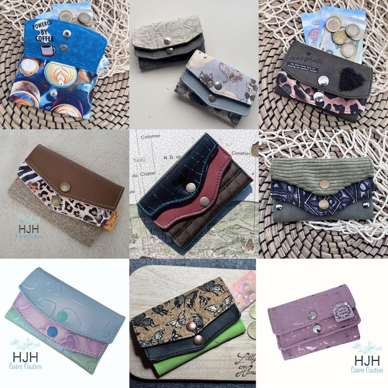 Op de afbeelding: Een verzameling handgemaakte portemonnees in verschillende kleuren en patronen. Ontwerpen omvatten koffiethema's, bloemenprints, dierenprints en stoffen met textuur. Elke portemonnee heeft een drukknoopsluiting.