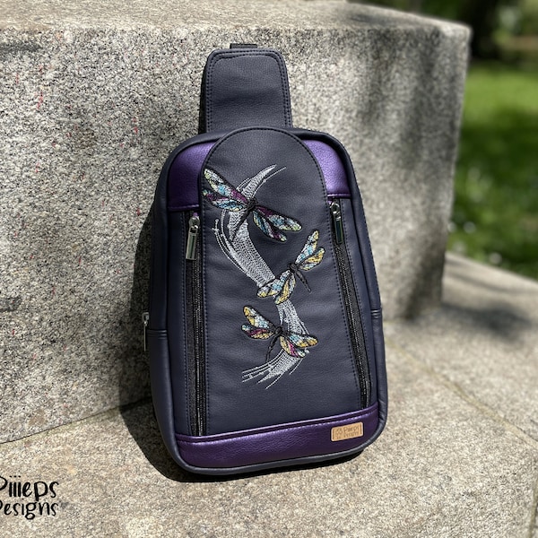 Sling bag, backpack with dragonflies, backpack with embroidery