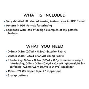 Op de afbeelding: Een witte afbeelding met zwarte tekst die de inbegrepen items opsomt: ge&iuml;llustreerde naaigids, een PDF-patroon en een lookbook. Vermeldt ook benodigde materialen zoals stof, vlieseline en een rits van 15 cm.