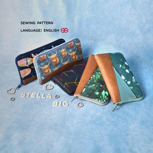 May include: A collection of zippered wallets with various patterns, including whales, Highland cows, geometric shapes, and botanical designs. The wallets have brown leather accents and are arranged on a light blue surface. The text "SEWING PATTERN" and "LANGUAGE: ENGLISH" are visible.