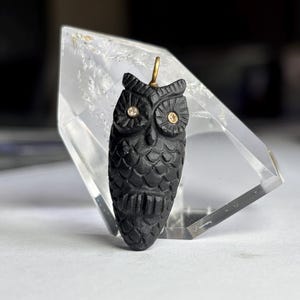 Black Onyx Owl Pendant in Solid Gold & Silver with Diamond Eyes – Handcarved Owl Charm – Fine Gemstone Animal Jewelry – Gold Owl Necklace