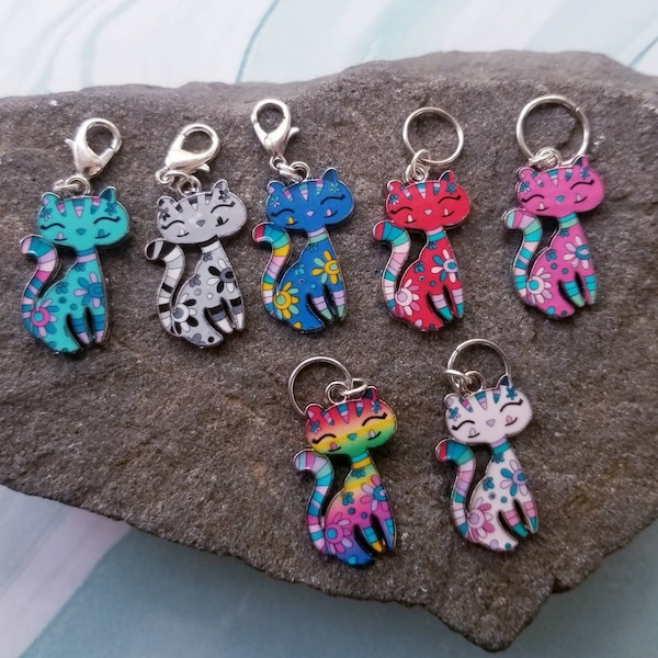 Cat Stitch Markers, Zipper Pull Charms, Knitting Markers, Progress Markers, Crochet Markers - Set of 7