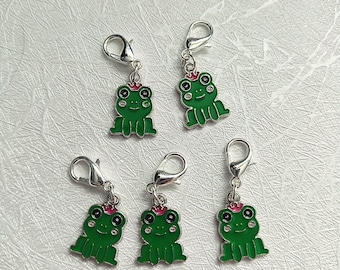 Frog Stitch Markers, Bracelet Charms, Froggy Stitch Marker for Knitting Crochet, Teal Progress Markers - set of 5 (silver)