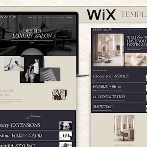 wix website template for hair stylist. Dark theme with black and tan and pretty fonts