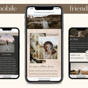 May include: Three smartphones displaying a website design. The website features photography, with text that reads "Photography for adventurous souls." Other text includes "hi friends," "my hope," and "my purpose."