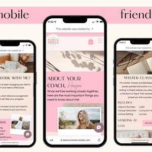 May include: A mobile-friendly website design displayed on three smartphones. The website features a pink and white color scheme with text and images promoting coaching services, including master classes and course information.