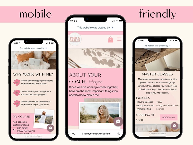 May include: A mobile-friendly website design displayed on three smartphones. The website features a pink and white color scheme with text and images promoting coaching services, including master classes and course information.