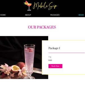 May include: A pink cocktail in a tall glass with a raspberry garnish. The cocktail is on a silver tray with passion fruit and a white flower. The text "Package 1" is above a line of text that says "1 hr $300" and a button that says "Book Now".