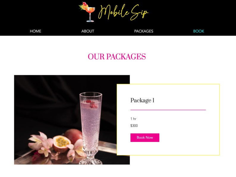 May include: A pink cocktail in a tall glass with a raspberry garnish. The cocktail is on a silver tray with passion fruit and a white flower. The text "Package 1" is above a line of text that says "1 hr $300" and a button that says "Book Now".