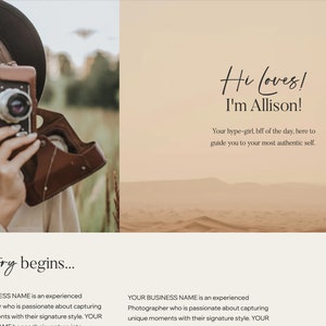 May include: A woman holding a vintage camera with a brown leather case. The image includes the text "Hi Loves! I'm Allison!" and "the story begins..." The background is a desert landscape.