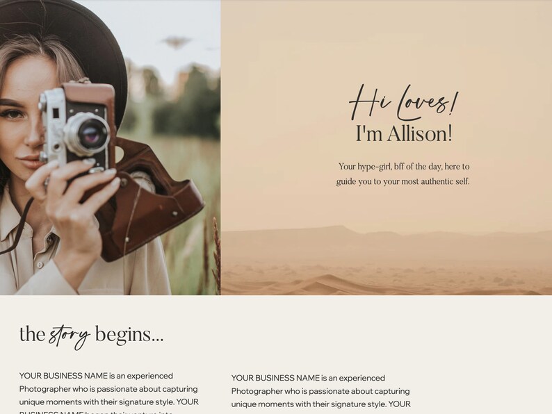 May include: A woman holding a vintage camera with a brown leather case. The image includes the text "Hi Loves! I'm Allison!" and "the story begins..." The background is a desert landscape.