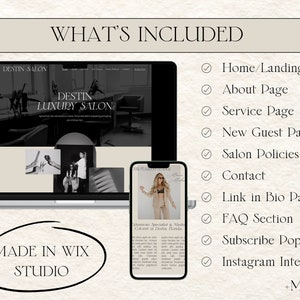 what's included with your wix template: home page, landing page, about page, service page, contact page, link in bio page, FAQ section, instagram
