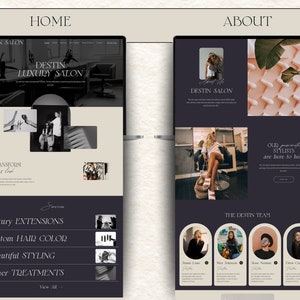 wix template homepage design, about page design. website for hair salon, spa, hair stylist, lash artist, brow artist