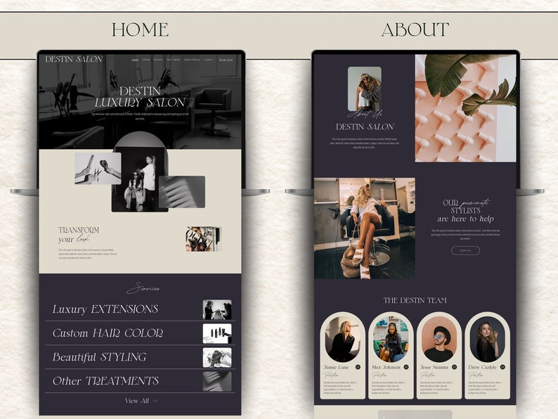 wix template homepage design, about page design. website for hair salon, spa, hair stylist, lash artist, brow artist