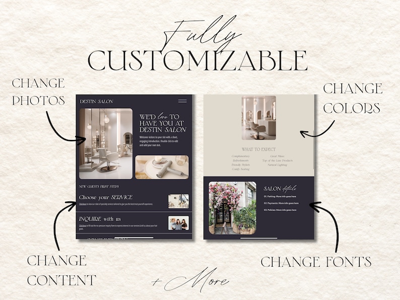 how the wix website template is fully customizable, change colors, photos, fonts, content, and more