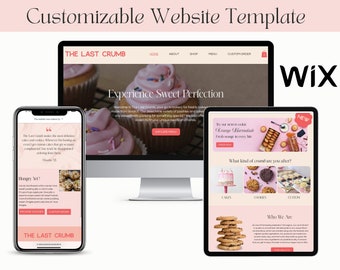 May include: A website template for a bakery called "The Last Crumb". The website features a pink and white color scheme with images of cakes, cookies, and other baked goods. The text on the website says "Experience Sweet Perfection" and "Try our newest cookie Orange Marmalade".