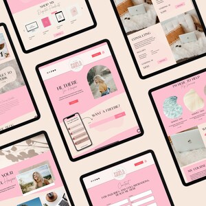 May include: Multiple digital tablets displaying a website with a pink and beige color scheme. The website promotes digital products, consulting services, and coaching. Text includes "Shop My Digital Products", "Hi There", and "Want a Freebie?"