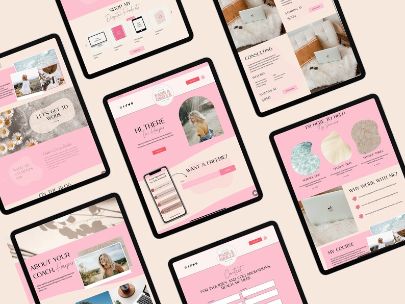 May include: Multiple digital tablets displaying a website with a pink and beige color scheme. The website promotes digital products, consulting services, and coaching. Text includes "Shop My Digital Products", "Hi There", and "Want a Freebie?"