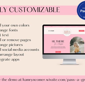 May include: A computer monitor displays a website design with a pink and white color scheme. The text "FULLY CUSTOMIZABLE" is at the top, with bullet points listing customization options. A Wix Partner badge is in the upper right corner.