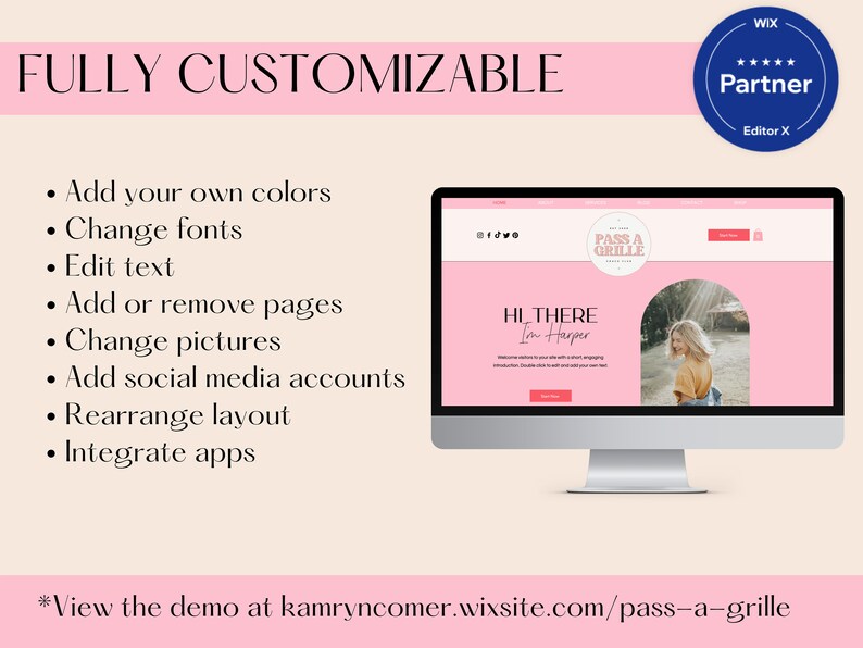 May include: A computer monitor displays a website design with a pink and white color scheme. The text "FULLY CUSTOMIZABLE" is at the top, with bullet points listing customization options. A Wix Partner badge is in the upper right corner.